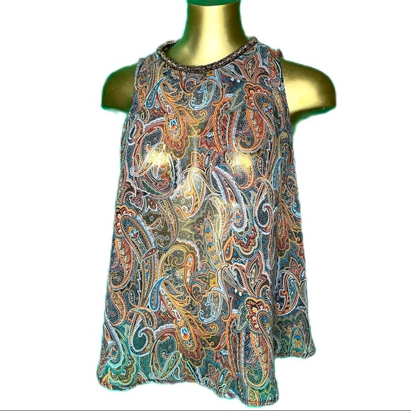 ASTR the Label bead swing top paisley print blouse tank top semi sheer Small - Picture 6 of 9